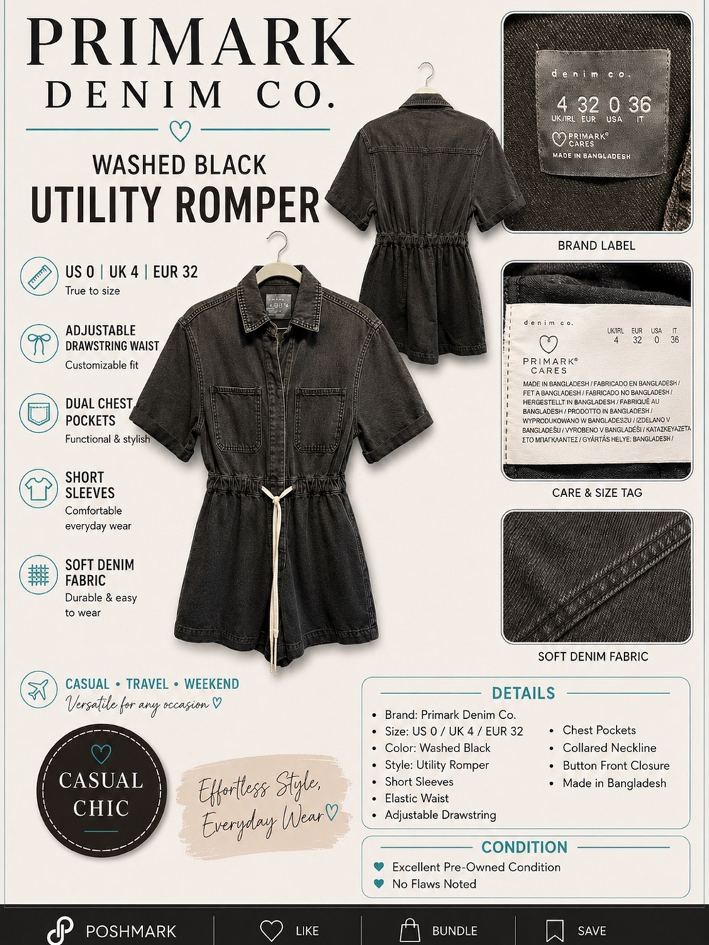 Denim&Co Washed Black Short Sleeve Utility Romper Drawstring Waist